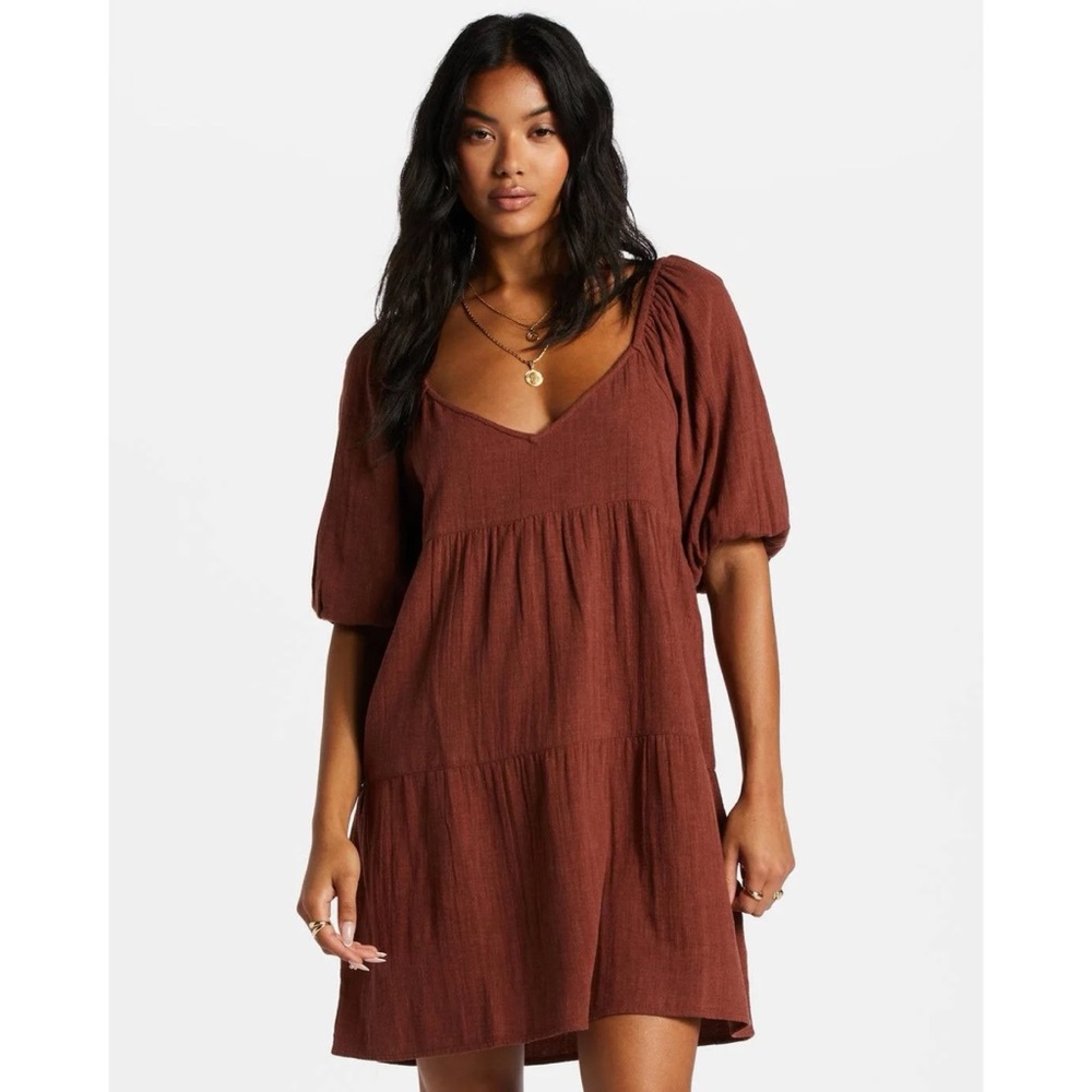 Billabong Gauze Fall For Ya Babydoll Mini Dress Cotton Tiered Short